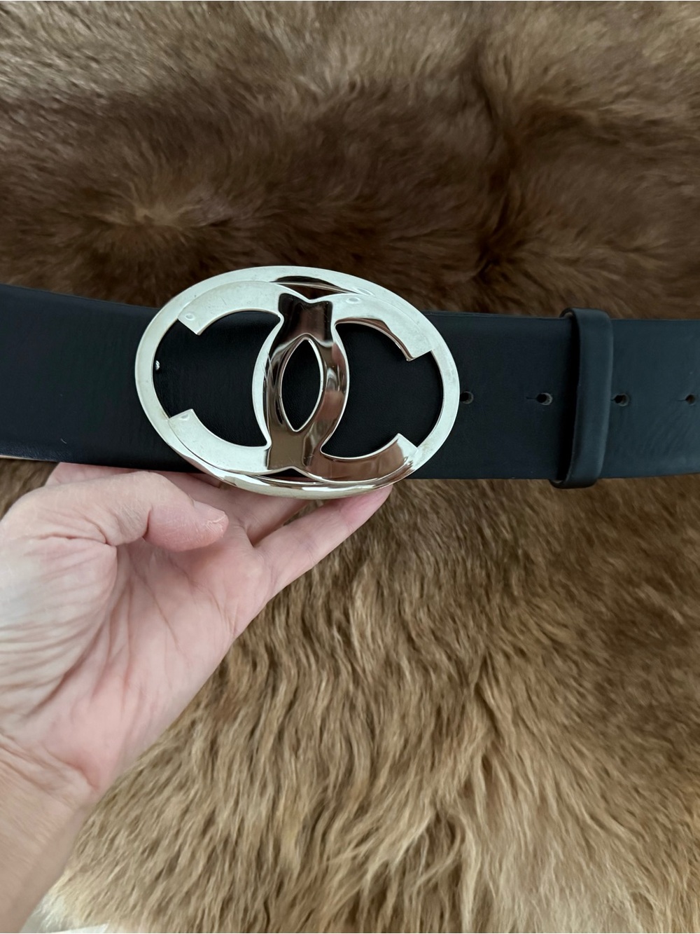 CHANEL Black Leather Belt with Silver Interlocking CC Buckle